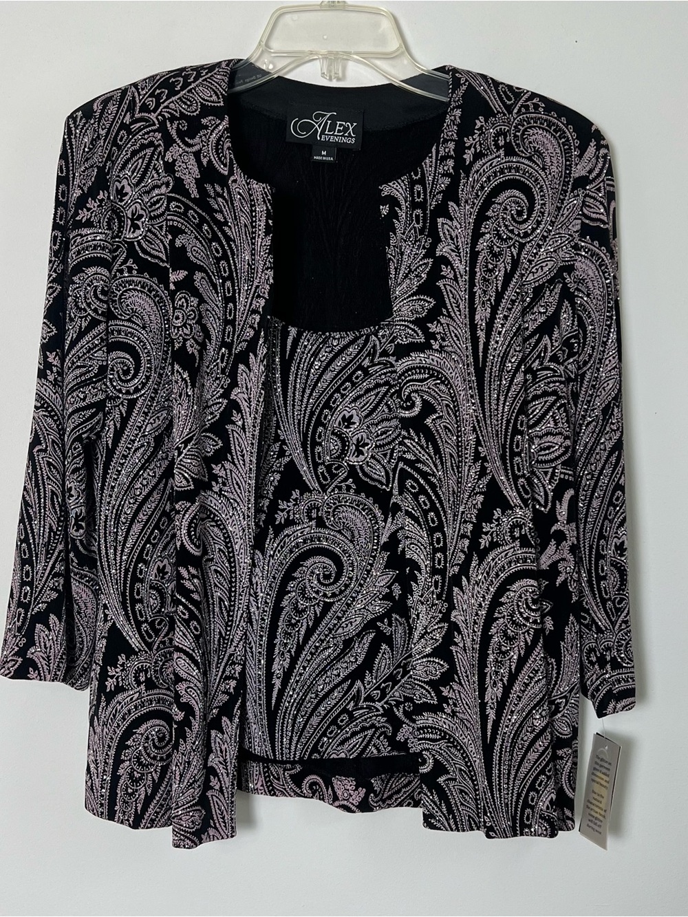 Alex Evenings Glitter Paisley Print Twinset Jacket Tank Top Set Black Stone M - Picture 2 of 16